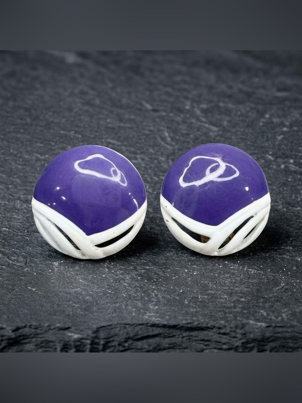 Vintage 80s Purple White Enamel Colorblock Abstract Openwork Clip On Earrings